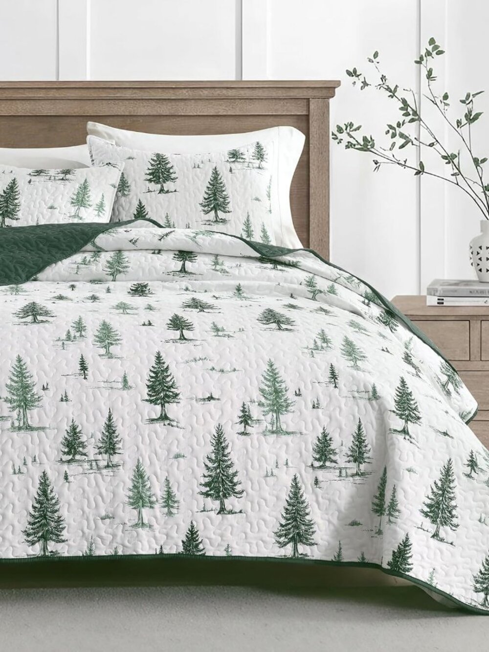 Green Quilt Set King Size 3 Pieces, Reversible Fine Printed Bedspreads with Fore